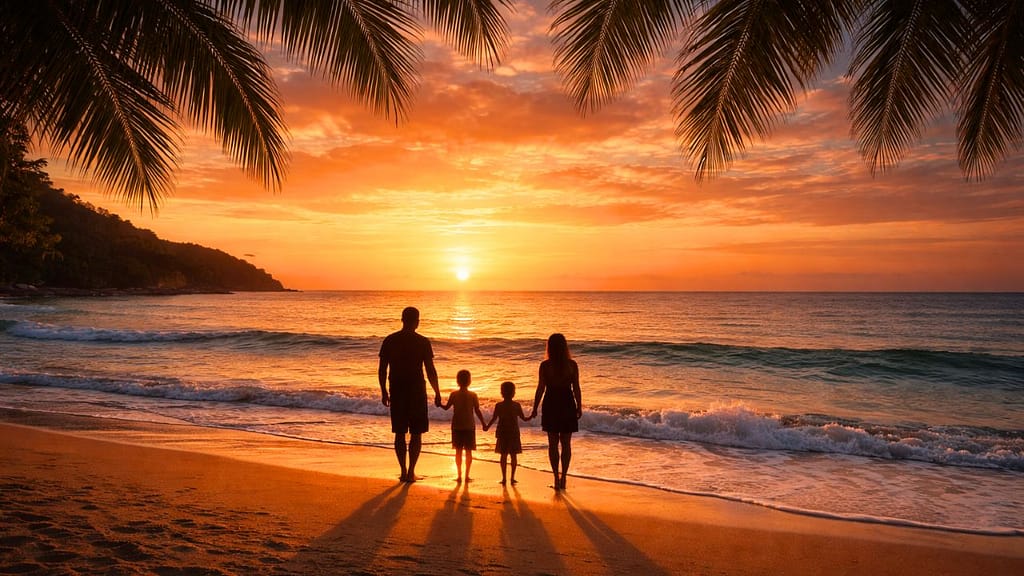 Family walking along the beach at sunset under palm trees, representing relaxing and affordable family travel.