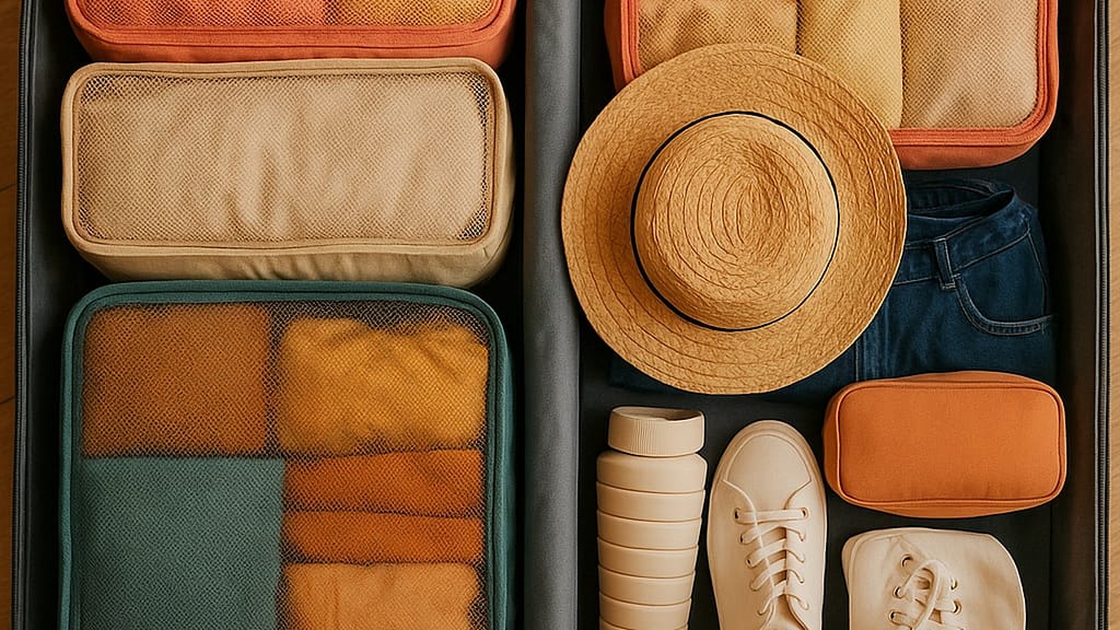 Open suitcase neatly packed with color-coordinated packing cubes, travel hat, shoes, and essential gear