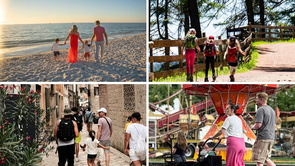 Collage of families traveling: beach walk, hiking trail, city sightseeing, and theme park visit — representing different family travel styles.