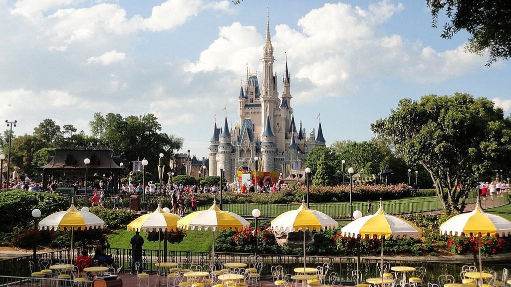 Cinderella Castle at Disney World in Orlando, Florida — bright sunny family vacation scene.