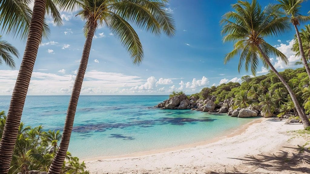 caribbean beach with turquoise water, white sand, and palm trees for a family-friendly vacation