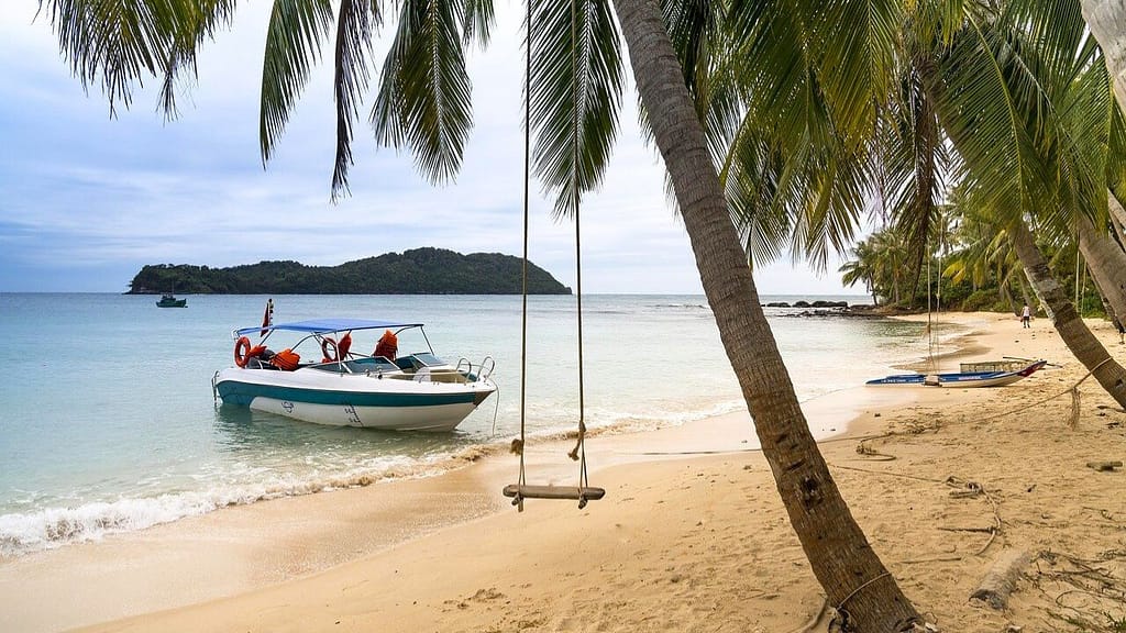 turquoise beach in mexico with palm trees and clear water