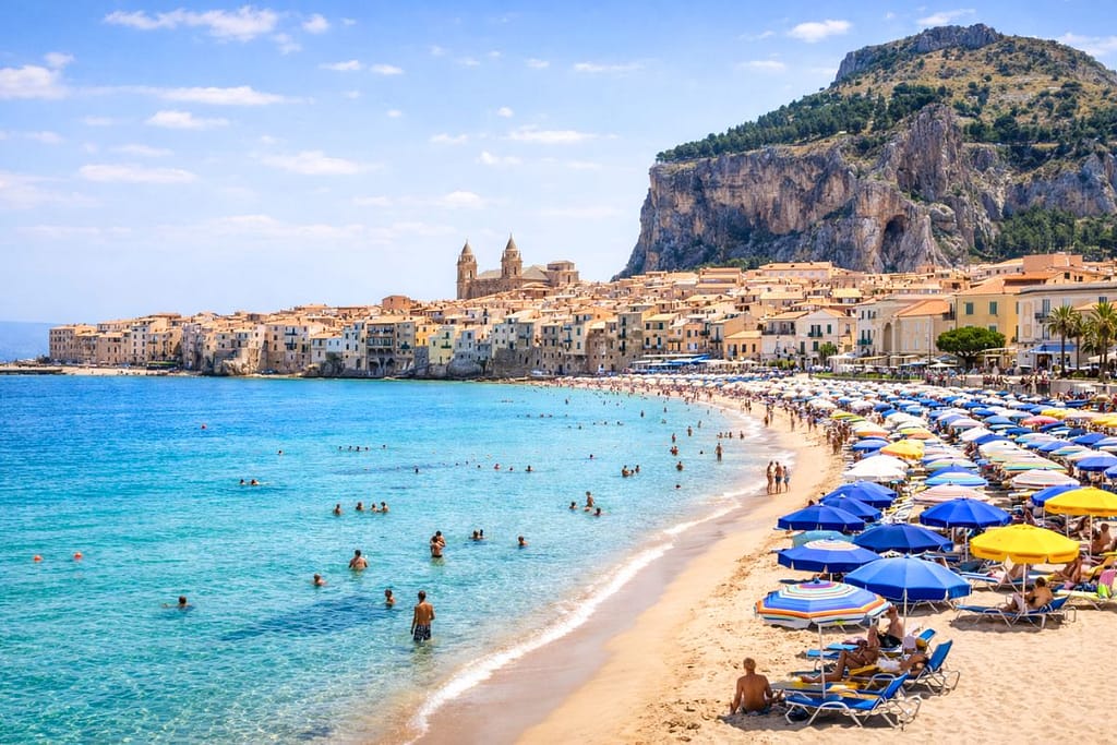 cefalu-sicily-beach-town-1200x800 | Go With The Family Cefalu beach Sicily with historic town and cathedral by the sea