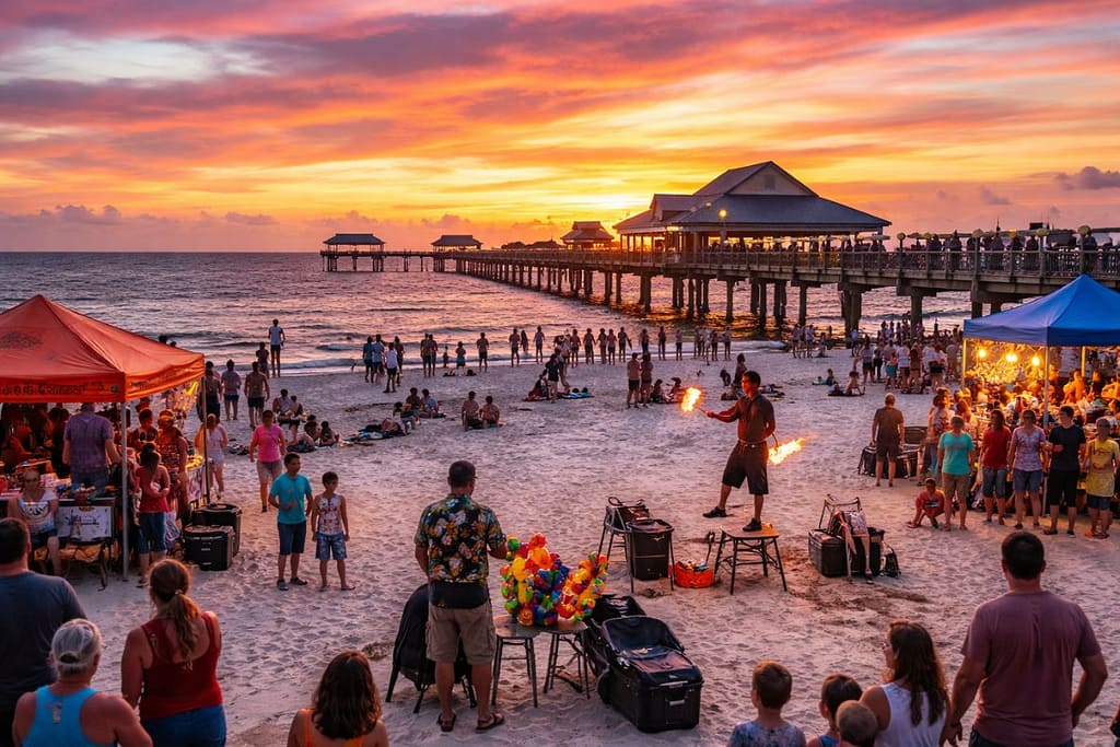 clearwater-beach-pier-60-sunset-family-activities-1200x800 | Go With The Family Clearwater Beach Pier 60 sunset with families, street performers, and evening activities