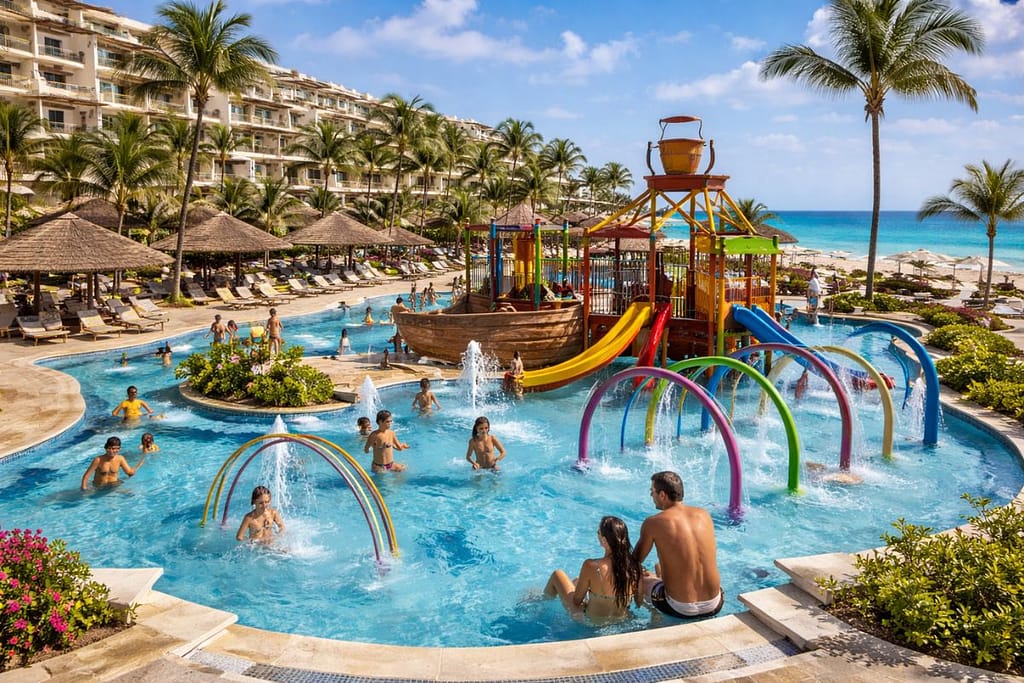 Fiesta Americana Condesa Cancun Family Resort Water Park | Go With The Family Fiesta Americana Condesa Cancun family resort water park with kids pool slides and beachfront views