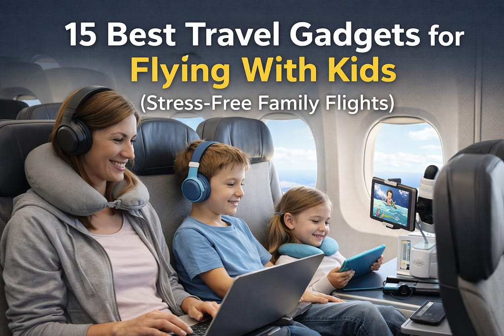 Family using travel gadgets on a flight with kids including headphones tablet holder laptop and travel accessories