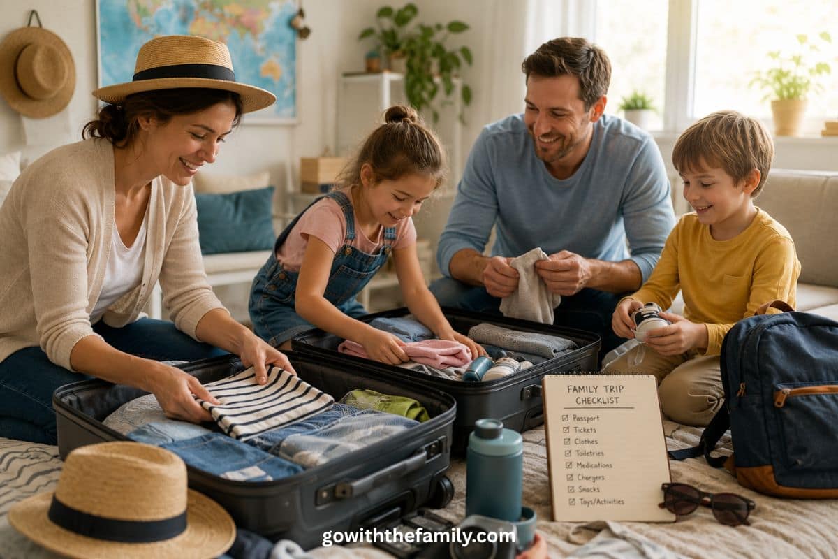 family-trip-checklist-packing-for-vacation-1200x800 | Go With The Family Family packing suitcases together at home using a travel checklist before a family vacation.