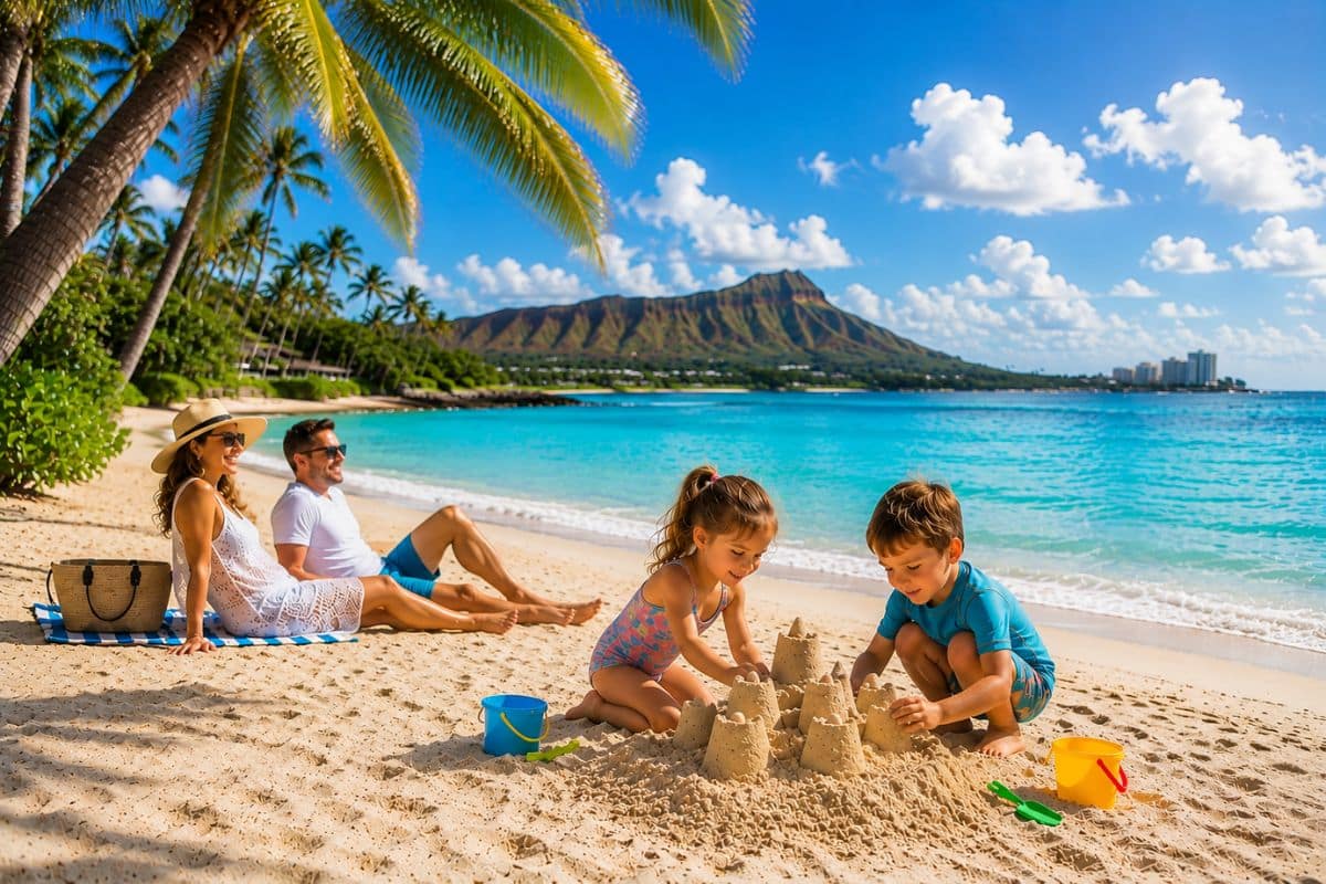 best-family-beach-destinations-family-beach-vacation | Go With The Family Family relaxing on a tropical beach while children build a sandcastle beside turquoise water, palm trees, and Diamond Head in Hawaii.