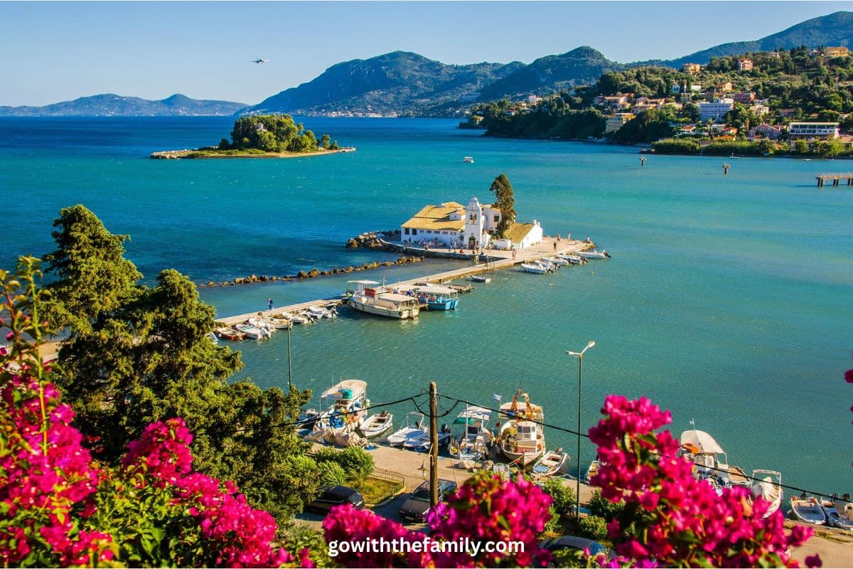 corfu-mouse-island-family-travel-greece. | Go With The Family Corfu coastline and Mouse Island with turquoise water in Greece