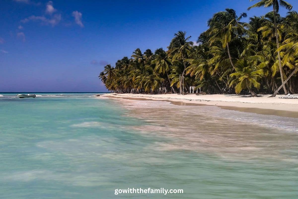 Las Terrenas Family Beach, Dominican Republic | Go With The Family Palm-lined beach with calm turquoise Caribbean water in Las Terrenas, Dominican Republic, a peaceful destination for family beach vacations.Caption