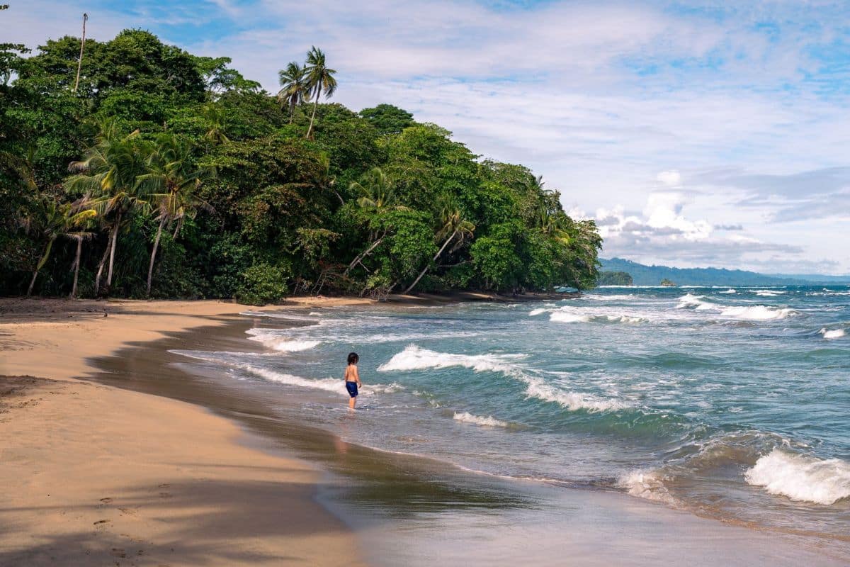 Punta Uva Beach, Puerto Viejo, Costa Rica | Go With The Family Punta Uva Beach near Puerto Viejo on Costa Rica's Caribbean coast, with tropical rainforest, golden sand, and gentle Caribbean waves.