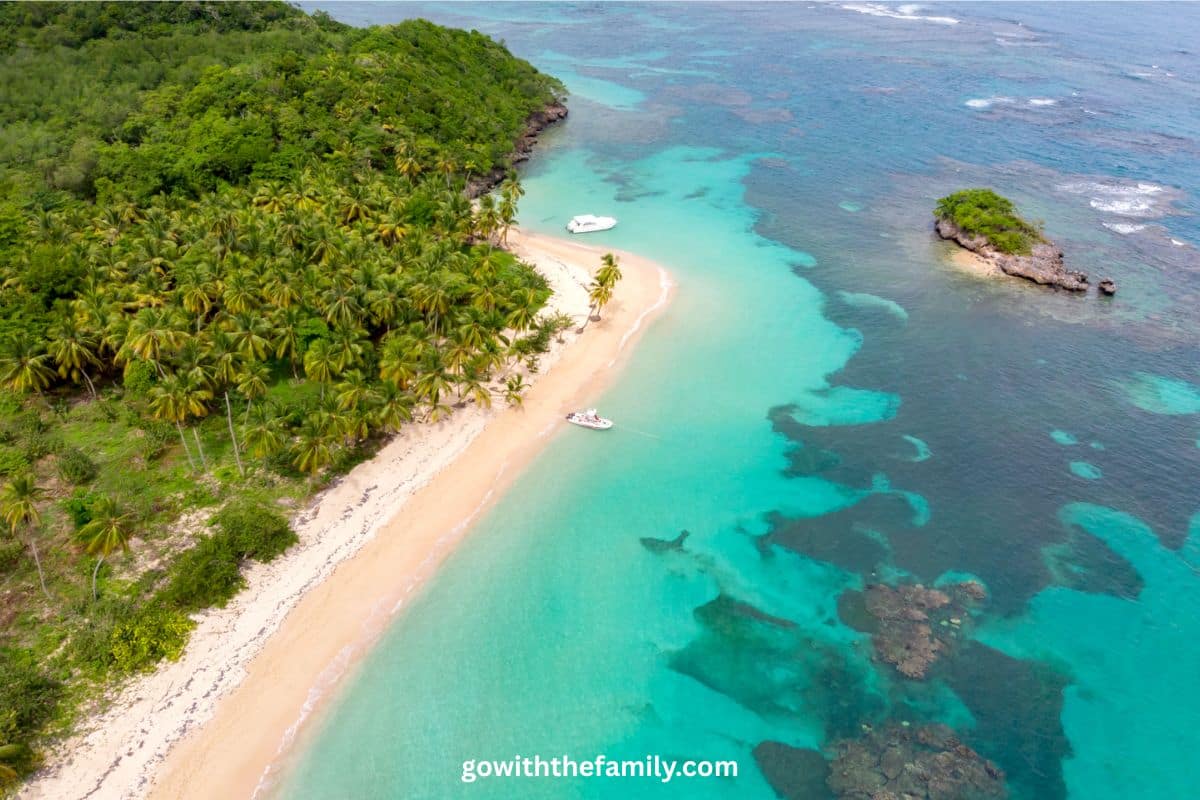 Samaná Peninsula Family Beach, Dominican Republic | Go With The Family Aerial view of a tropical beach and turquoise Caribbean water on the Samaná Peninsula, Dominican Republic, surrounded by lush rainforest and ideal for family adventures.