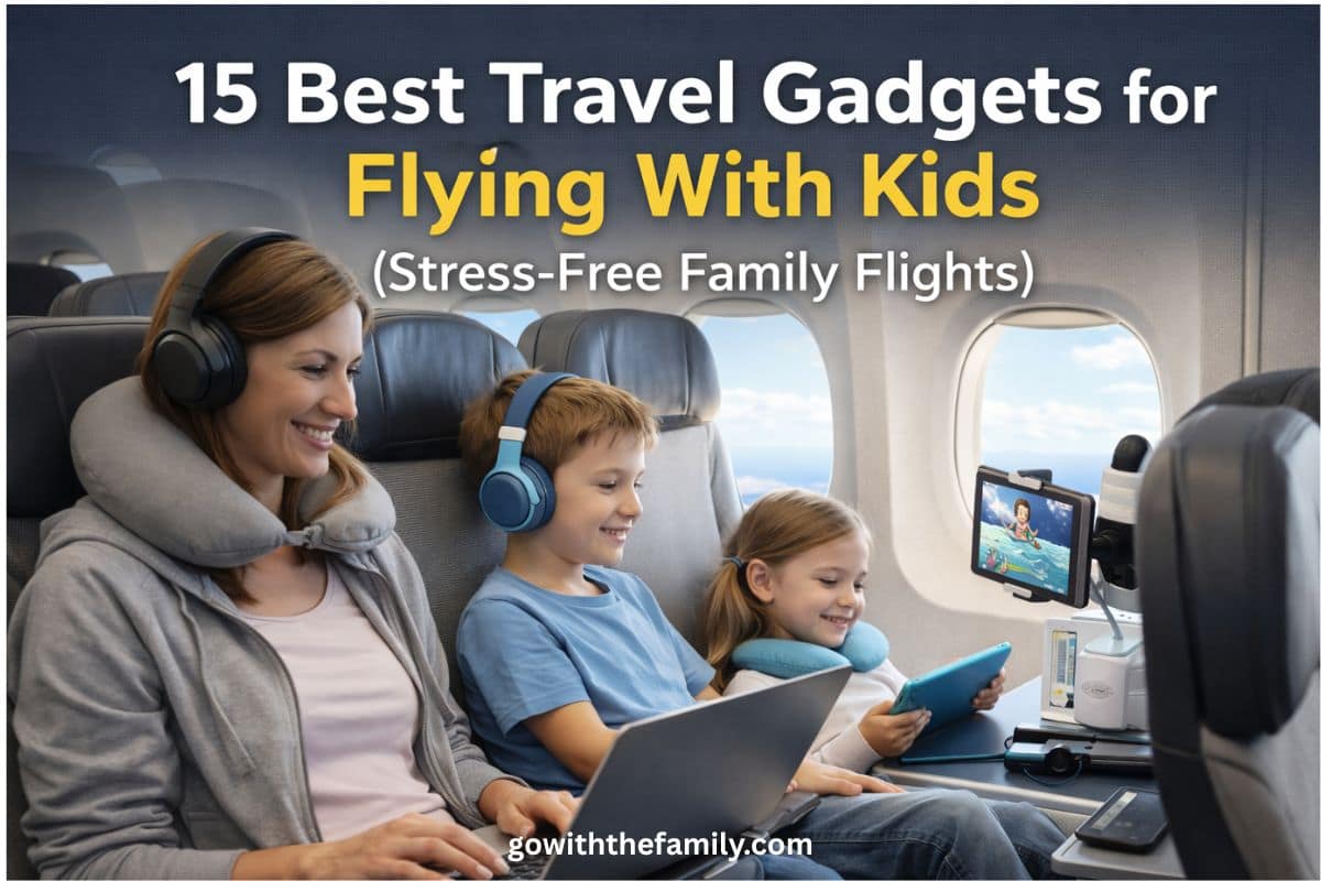 15 Best Travel Gadgets for Flying With Kids | Go With The Family Mom and kids using travel gadgets on an airplane during a family flight.
