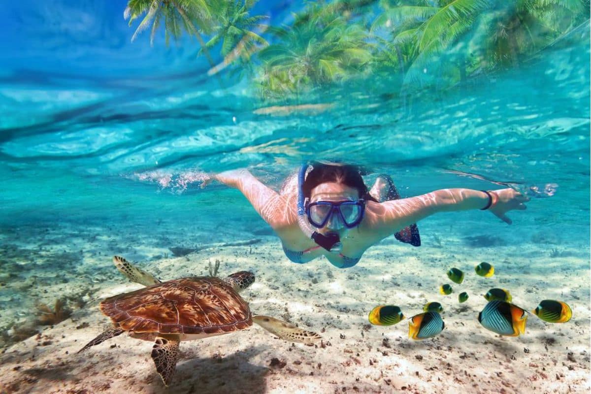 cancun-family-relaxing-beach-umbrella-1200x800 1 | Go With The Family Family snorkeling in clear turquoise water on Mexico’s Caribbean coast