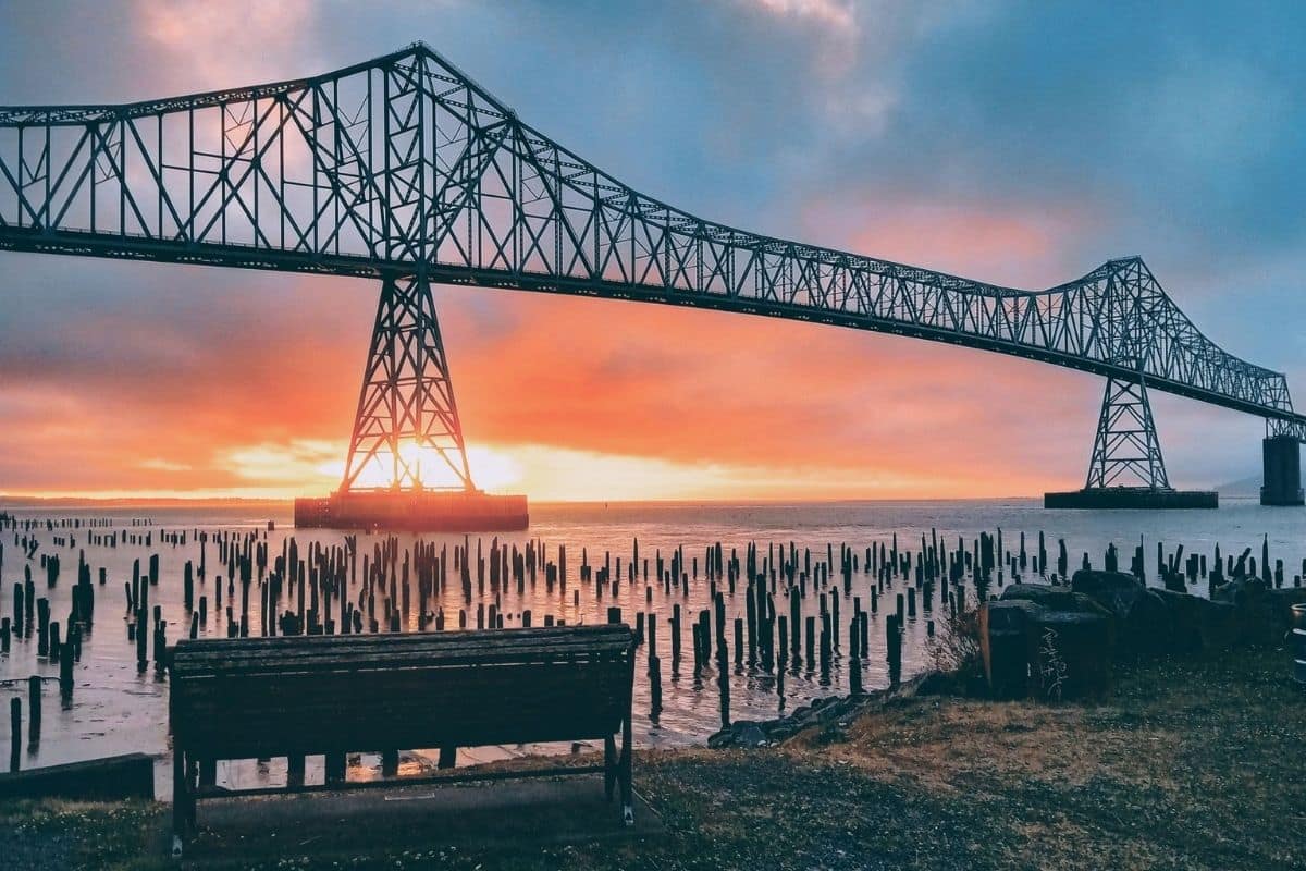 Astoria-Megler Bridge — Columbia River | Go With The Family Astoria-Megler Bridge stretching across the Columbia River at sunset in Astoria, Oregon