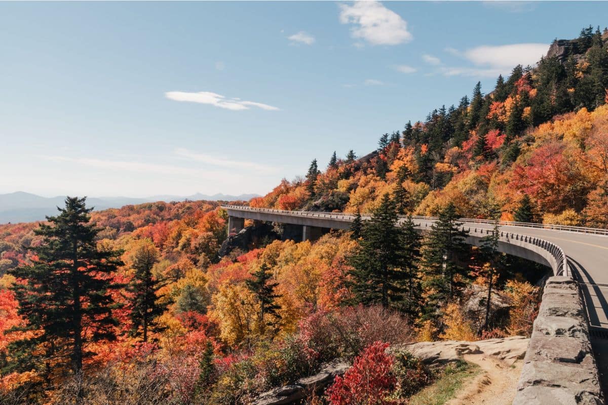 Blue Ridge Parkway winding through colorful autumn mountains near Linn Cove Viaduct in North Carolina | Go With The Family Blue Ridge Parkway winding through colorful autumn mountains near Linn Cove Viaduct in North Carolina