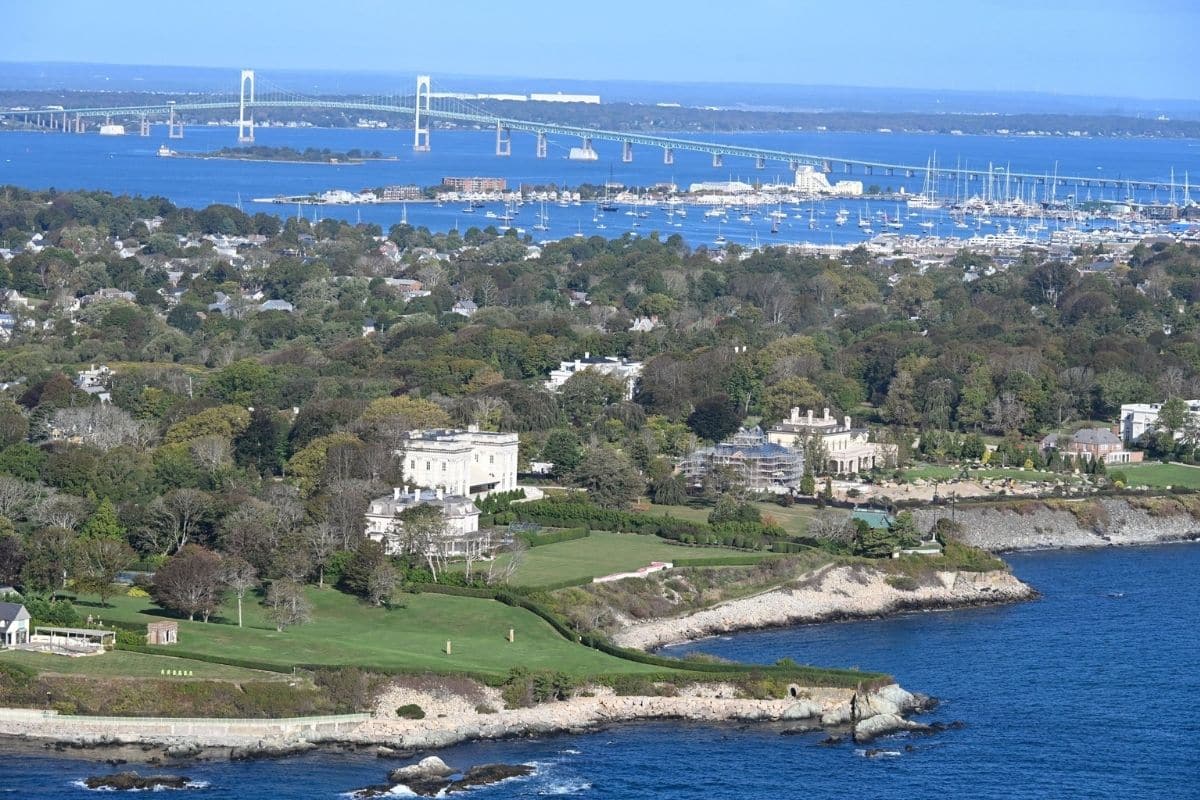 Newport Coast and Cliff Walk | Go With The Family Newport Rhode Island coastline with historic mansions, Atlantic Ocean and Newport Bridge