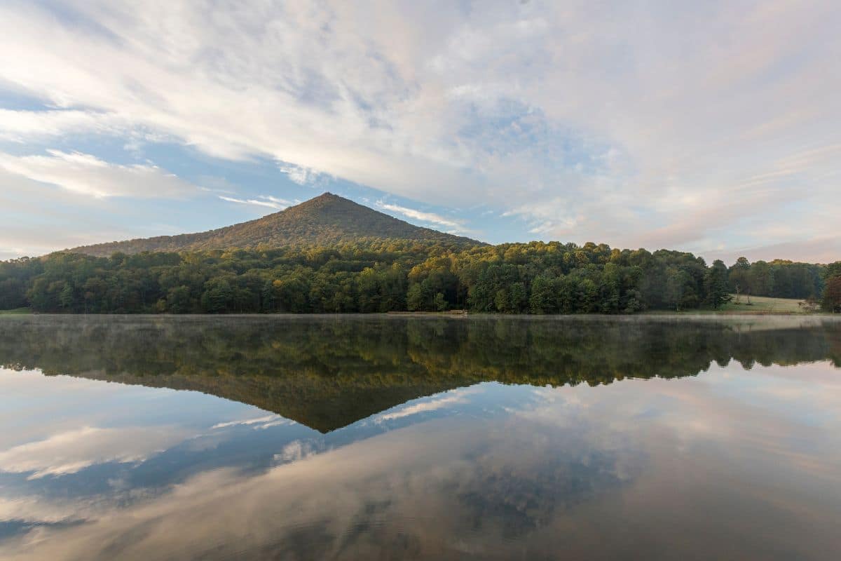 Peaks of Otter and Abbott Lake | Go With The Family Sharp Top reflected in Abbott Lake at Peaks of Otter along the Blue Ridge Parkway in Virginia