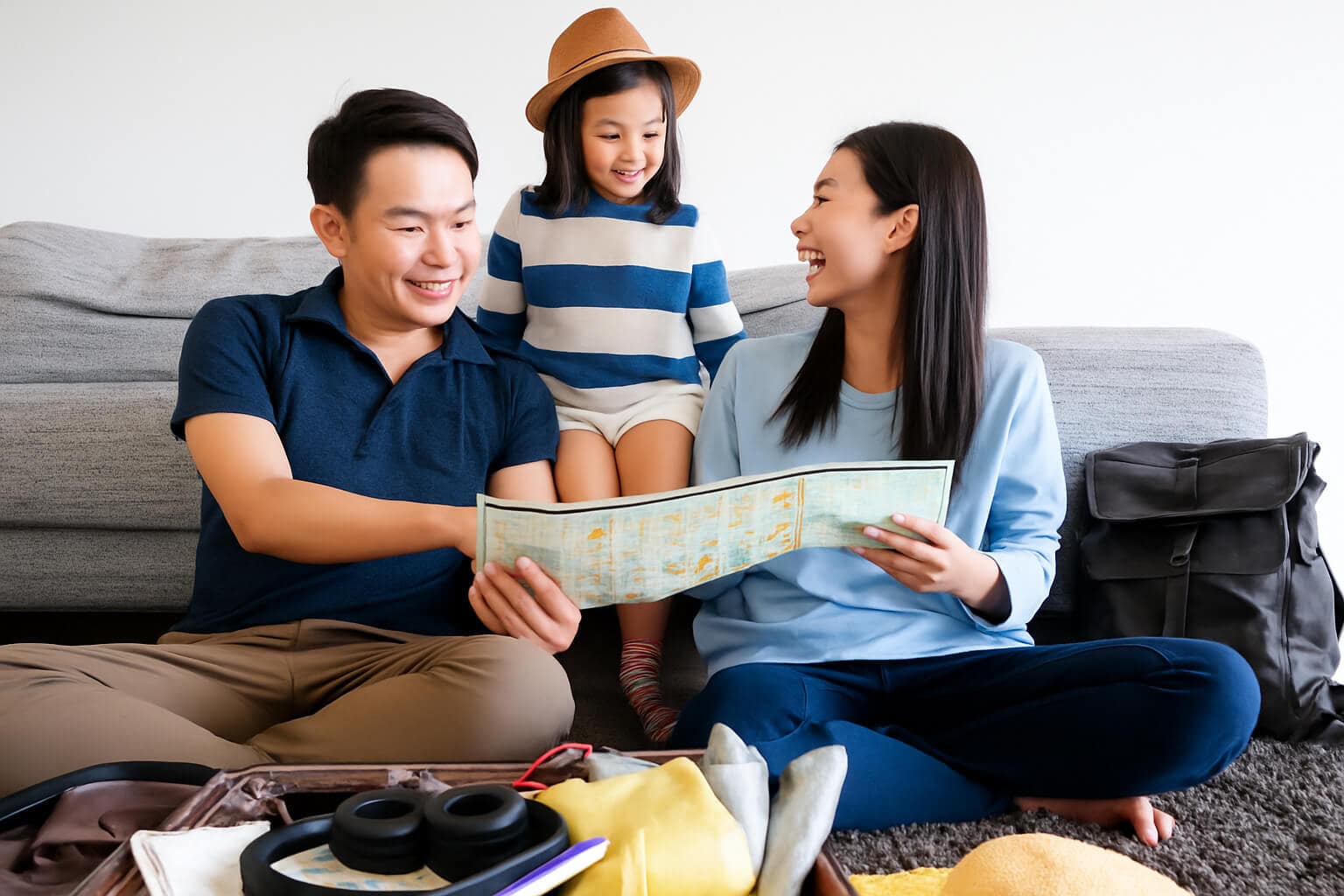 Family Planning a Trip at Home | Go With The Family Family sitting together at home planning a trip, looking at a map and smiling