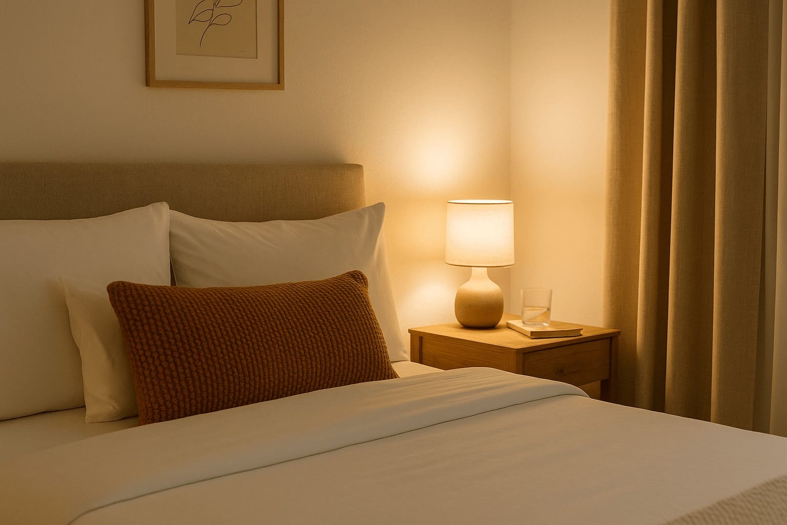 cozy-airbnb-bedroom-soft-lighting-nightstand-1600w | Go With The Family Cozy Airbnb-style bedroom with soft lighting, a tidy nightstand, and warm neutral bedding