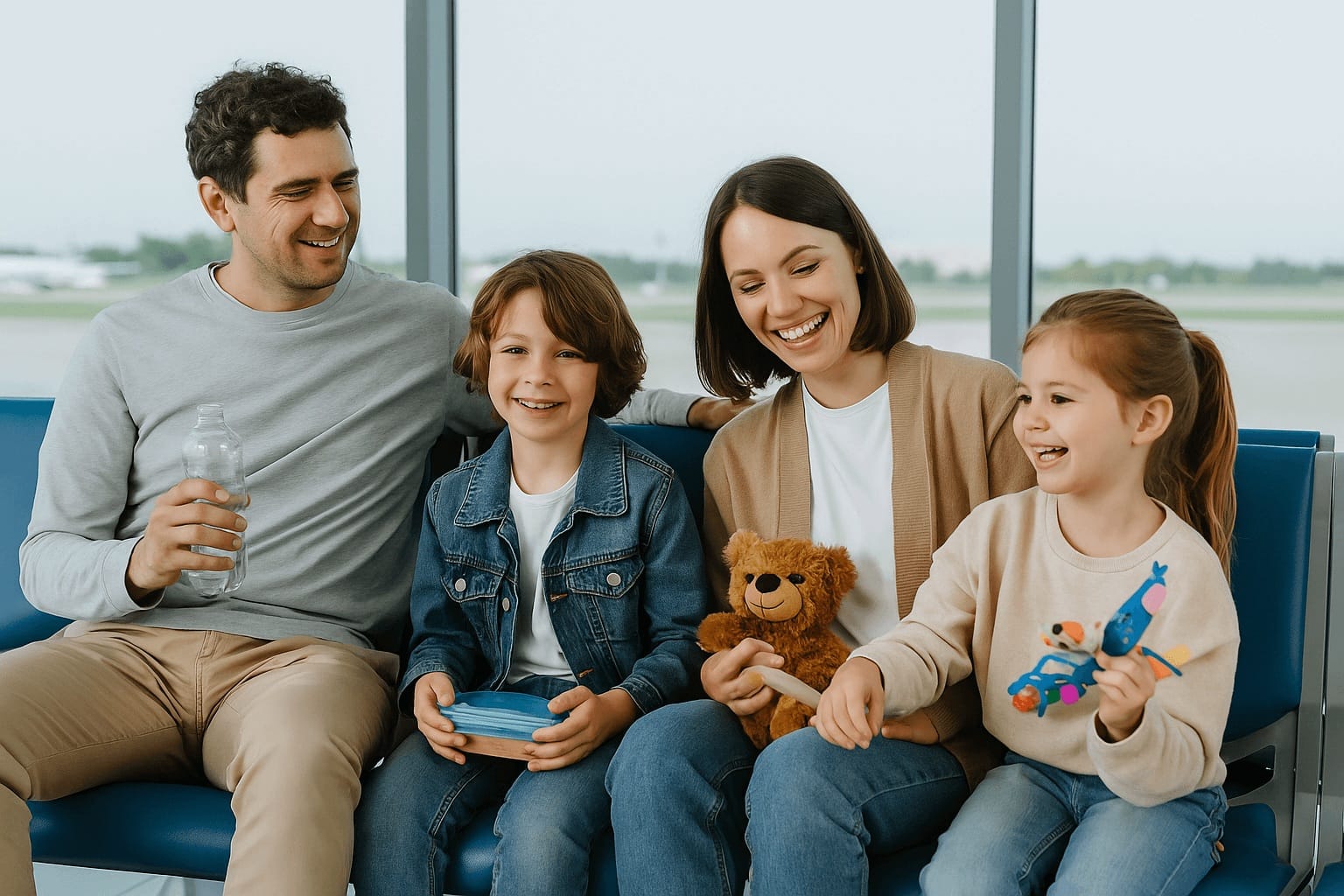 family-airport-waiting-area-kids-snacks-toys-1600w | Go With The Family Parents and young children sitting in an airport waiting area smiling while the kids hold snacks and toys