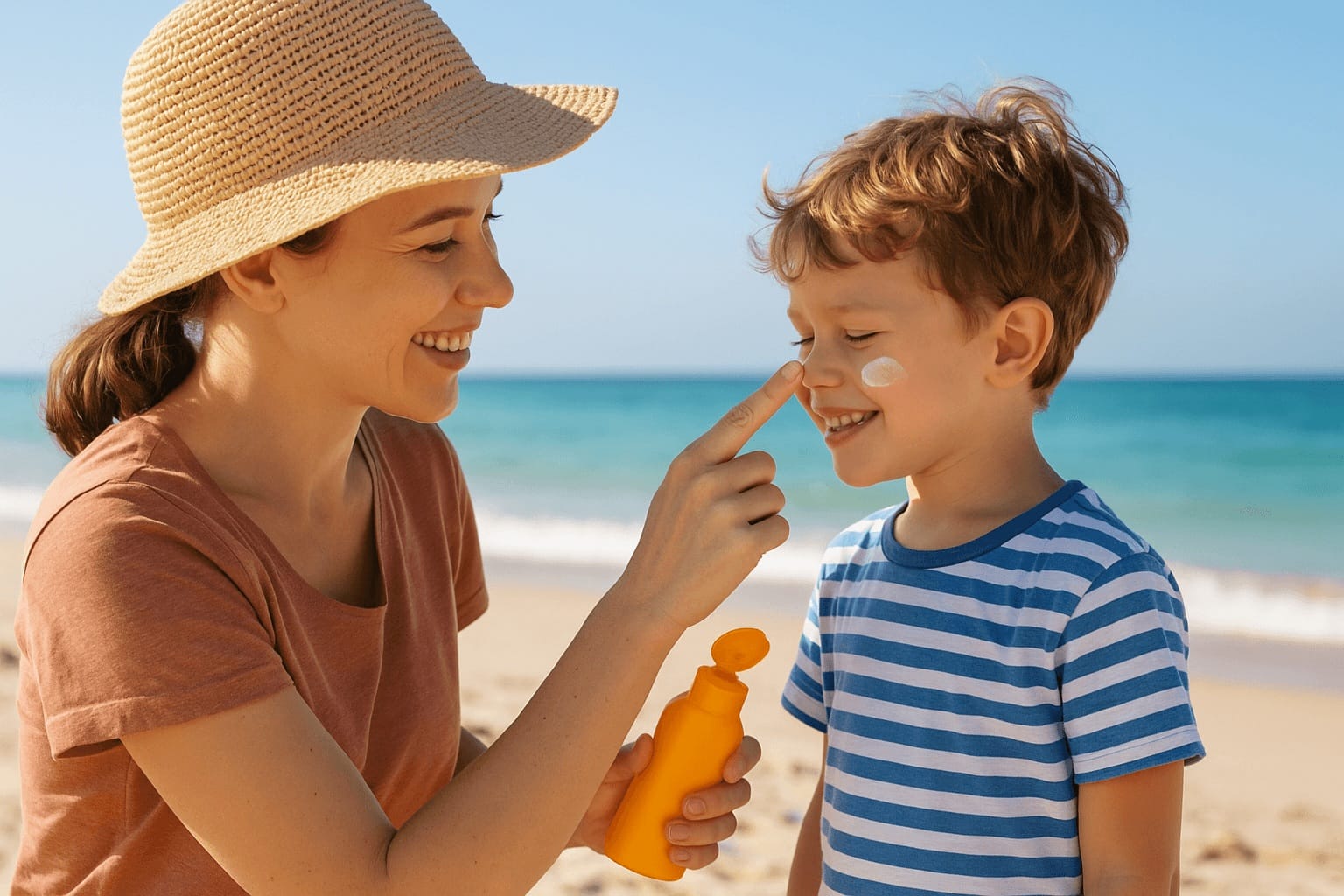 parent-applying-sunscreen-to-child-beach-1600w | Go With The Family Parent applying sunscreen to a child at the beach before a sunny family day outdoors.