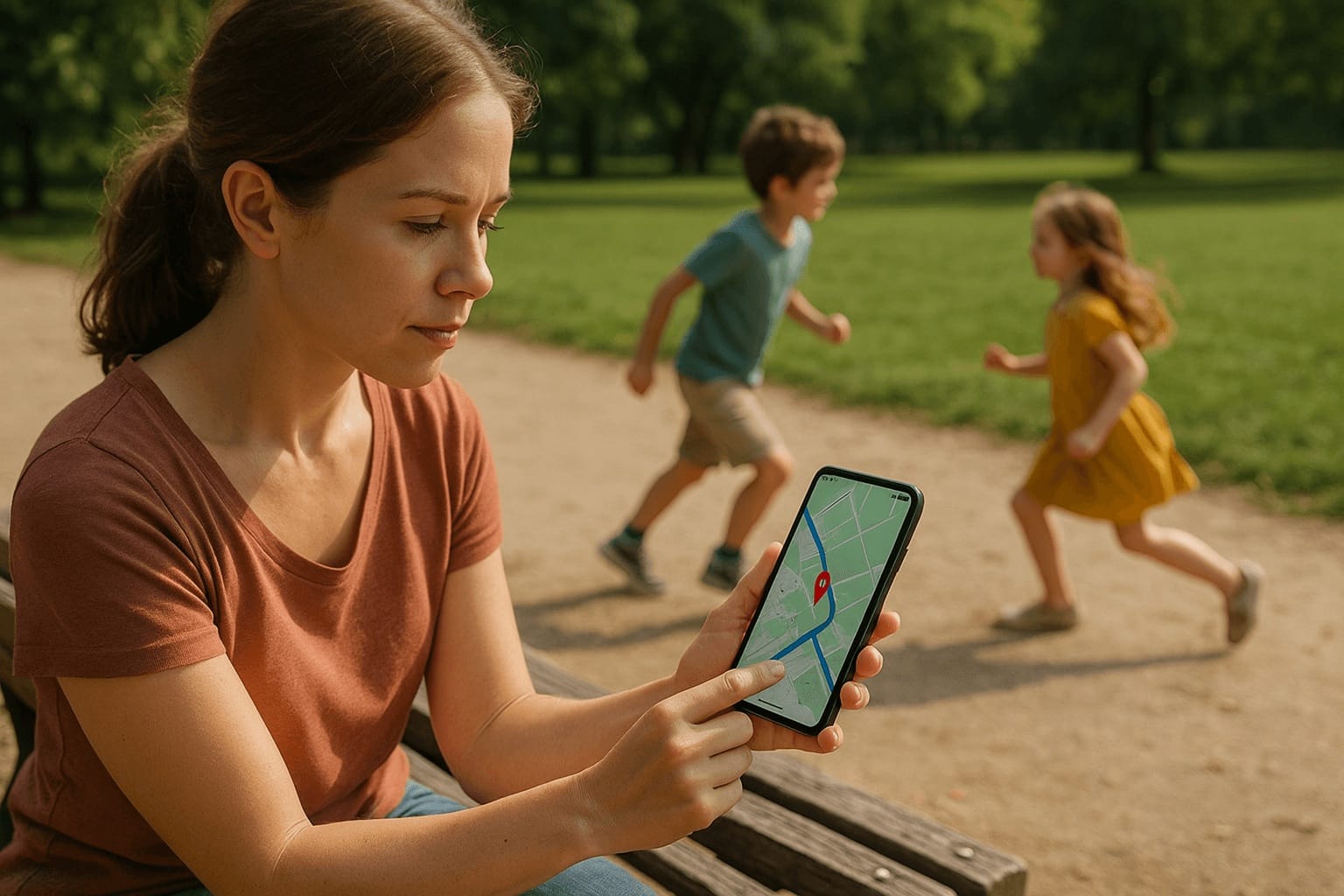 parent-using-phone-navigation-kids-playing-travel-1600w | Go With The Family Parent checking navigation on a smartphone while kids play nearby during a family outing.