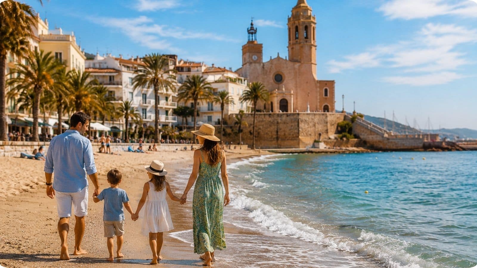 Best Family Beach Destinations in Spain With Kids | Go With The Family Family walking along a sunny beach in Spain with a historic coastal town and Mediterranean shoreline in the background.