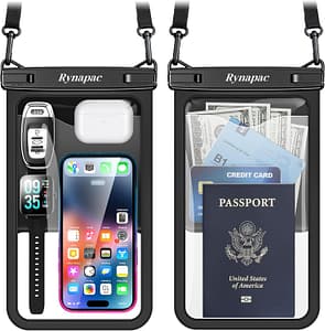 waterproof-phone-pouch-family-travel | Go With The Family Waterproof phone pouch holding a smartphone, passport, cash, and travel essentials for beach and water park vacations