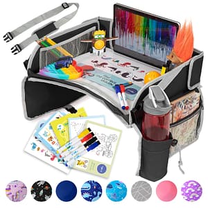 Kids Travel Activity Kit | Go With The Family Kids travel activity kit with tray, coloring activities, and storage pockets for road trips and flights